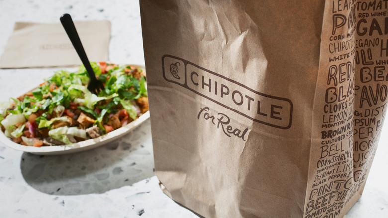 Chipotle delivery bag and burrito bowl