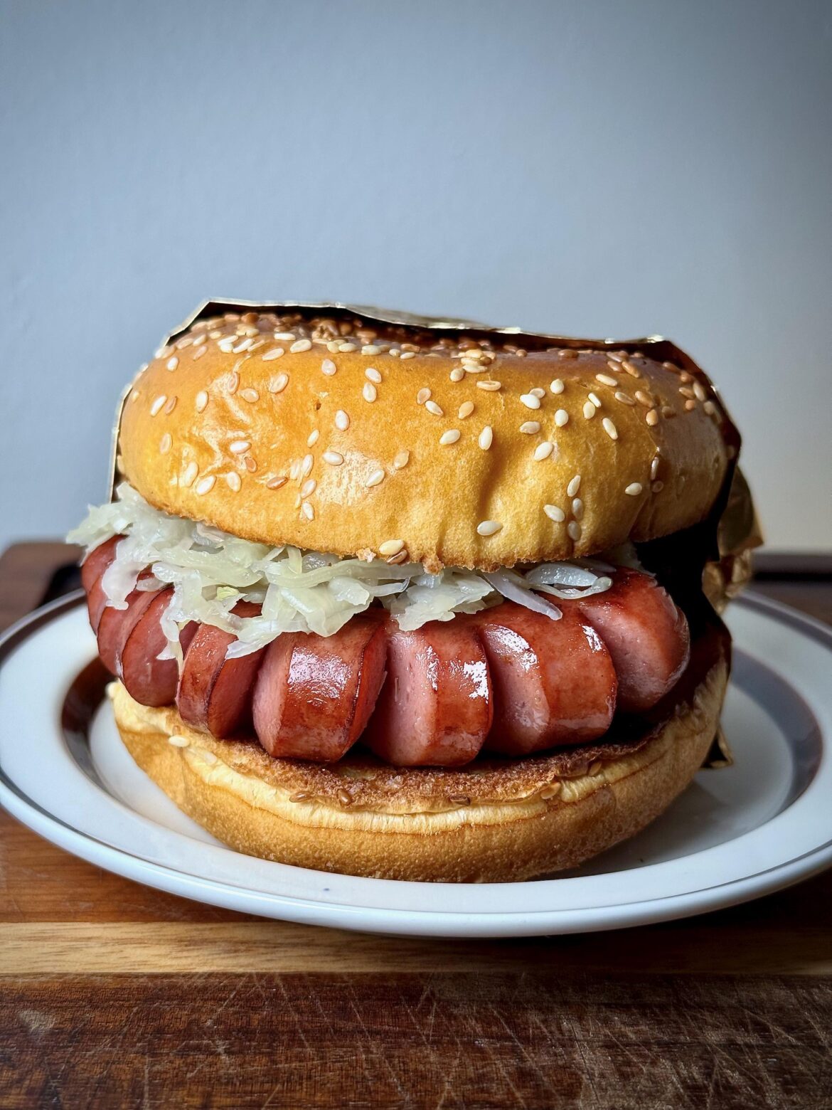 [homemade] Flavor-sliced Nathan's, Brioche, Mustard, Kraut.