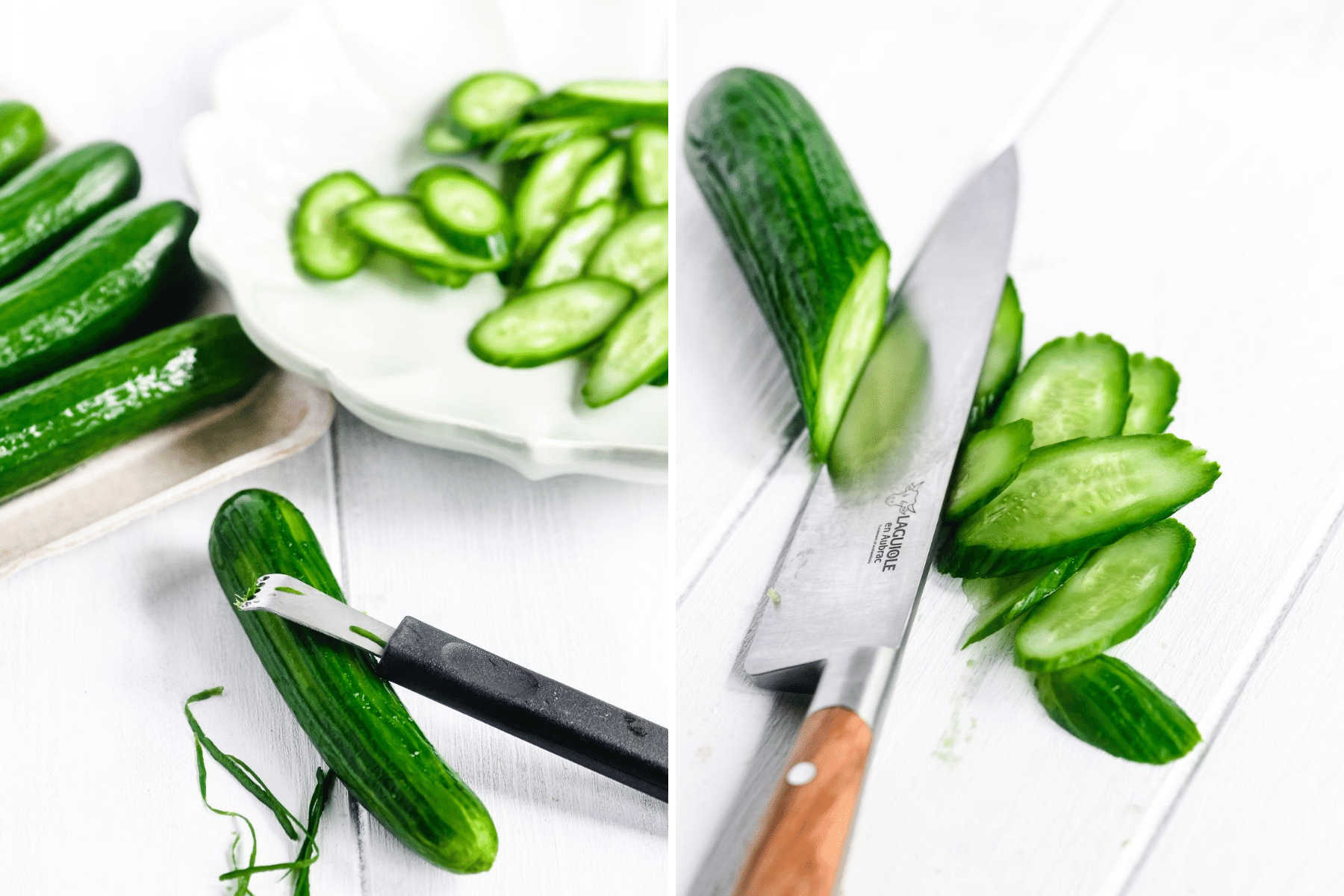 slicing cucumbers on the diagonal for cucumber salad