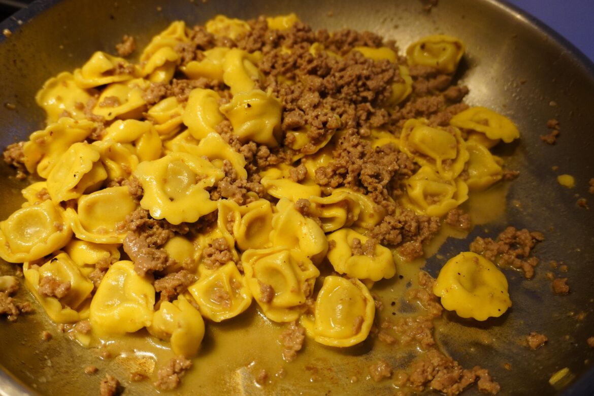 Fresh Tortellini with sautéed Fassona beef and a rich butter sauce. [OC]