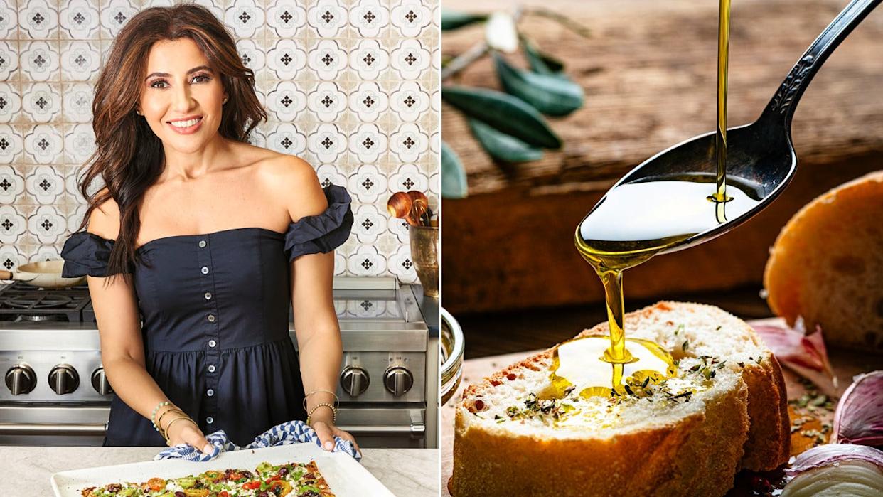 Mediterranean chef and author Suzy Karadsheh at left smiling in kitchen with tray of food in front of her; at right, olive oil being poured on bread with olive branches, spices and onion around.