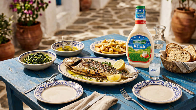 Hidden Valley Ranch dressing on a table in Greece with a whole fish, cooked greens, fried potatoes, and ouzo, among other dishes