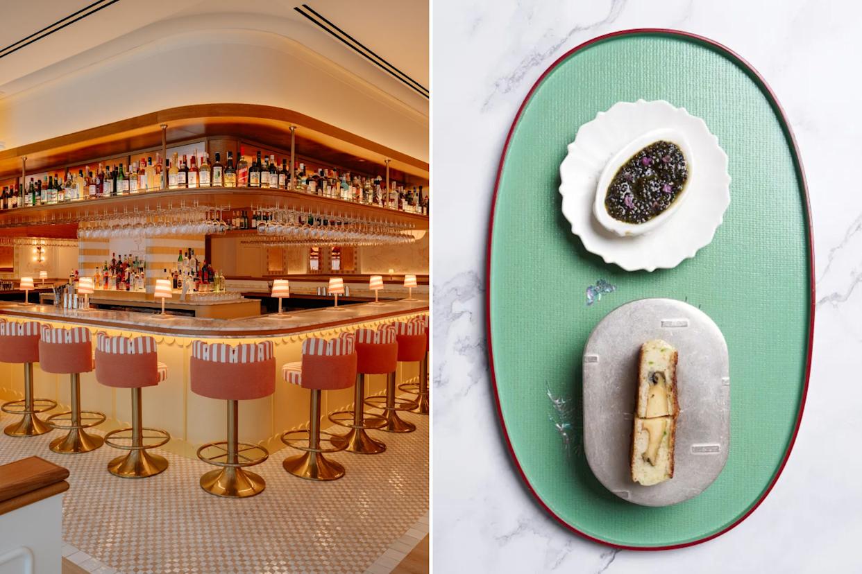 An image collage containing 2 images, Image 1 shows A brightly lit bar with a wooden countertop and bar stools with red and white striped cushions, Image 2 shows Abalone dish with two sliced pieces of abalone in a light yellow batter, next to a bowl of dark green caviar