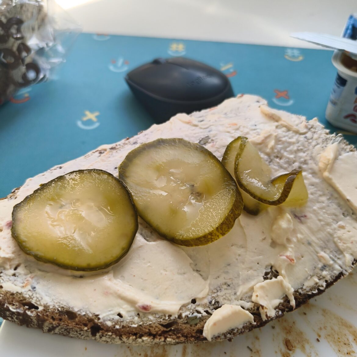 Today it's paprika cream cheese with pickled cucumber.