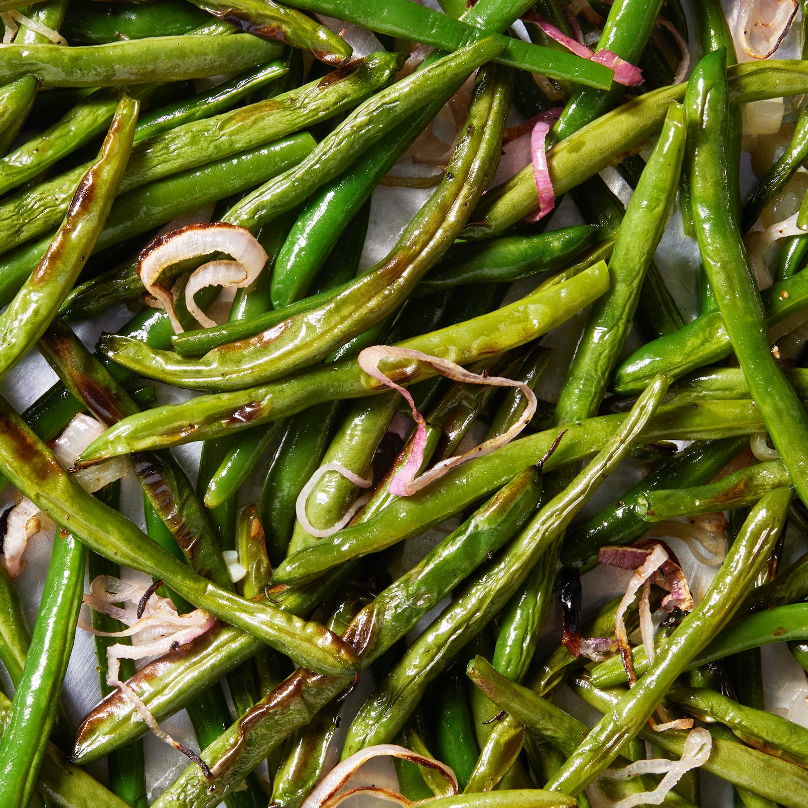 fresh green beans tossed with olive oil and shallots, then roasted until tender and lightly blistered