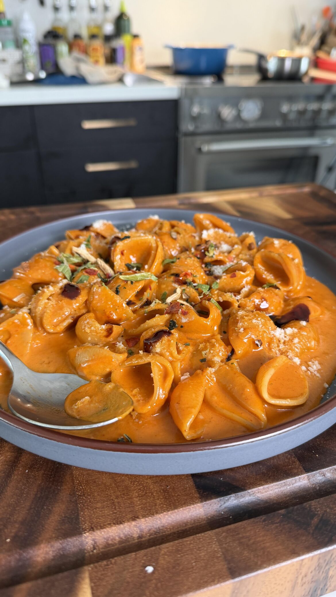 Spicy Mala Vodka Sauce Shells with Shin Ramen seasoning