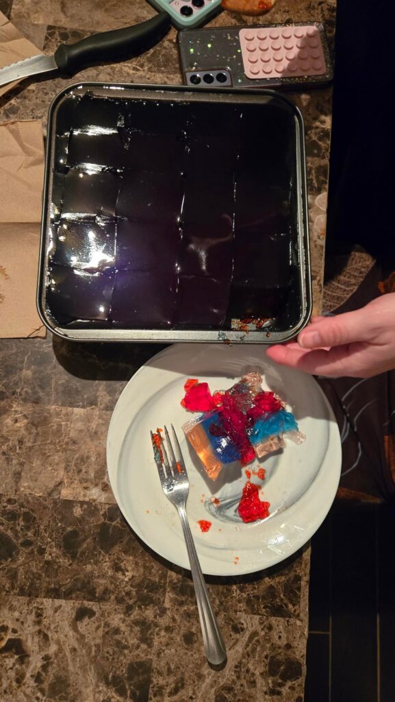 it is not elegant looking like some of the desserts posted, but my kid and I made layered jello and it slapps