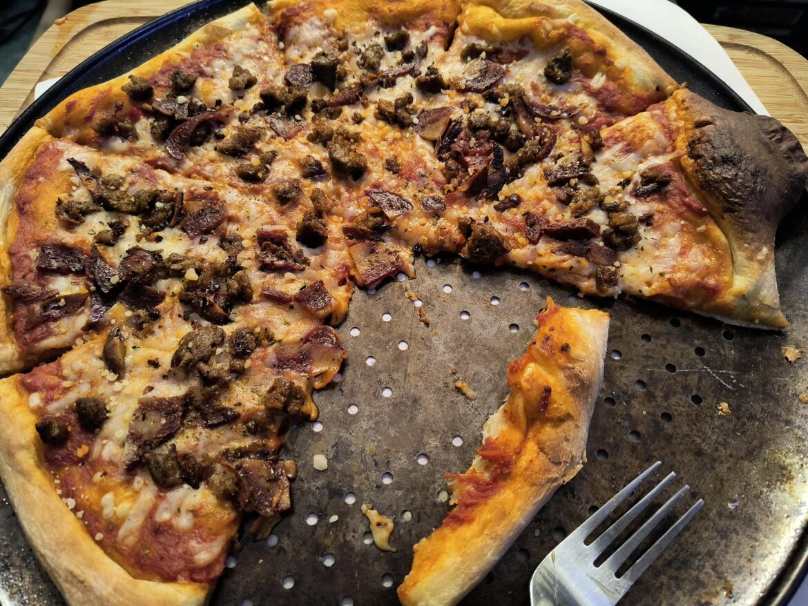 Follow your heart brand cheese, lite life sausage, leftover homemade seitan salami. Delicious.