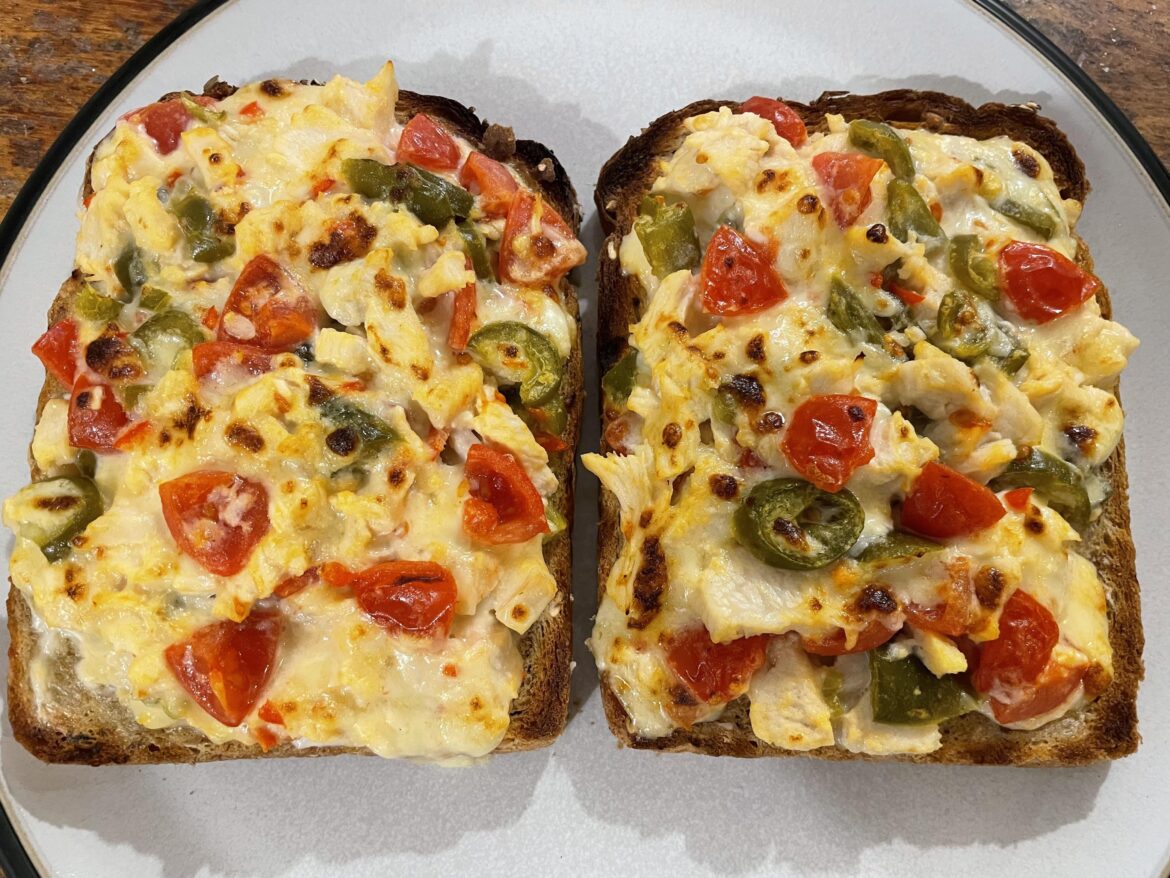 Dirty Cheese on toast: Chicken, cheese, red chilli, jalapeños & cherry tomatoes on granary bread.