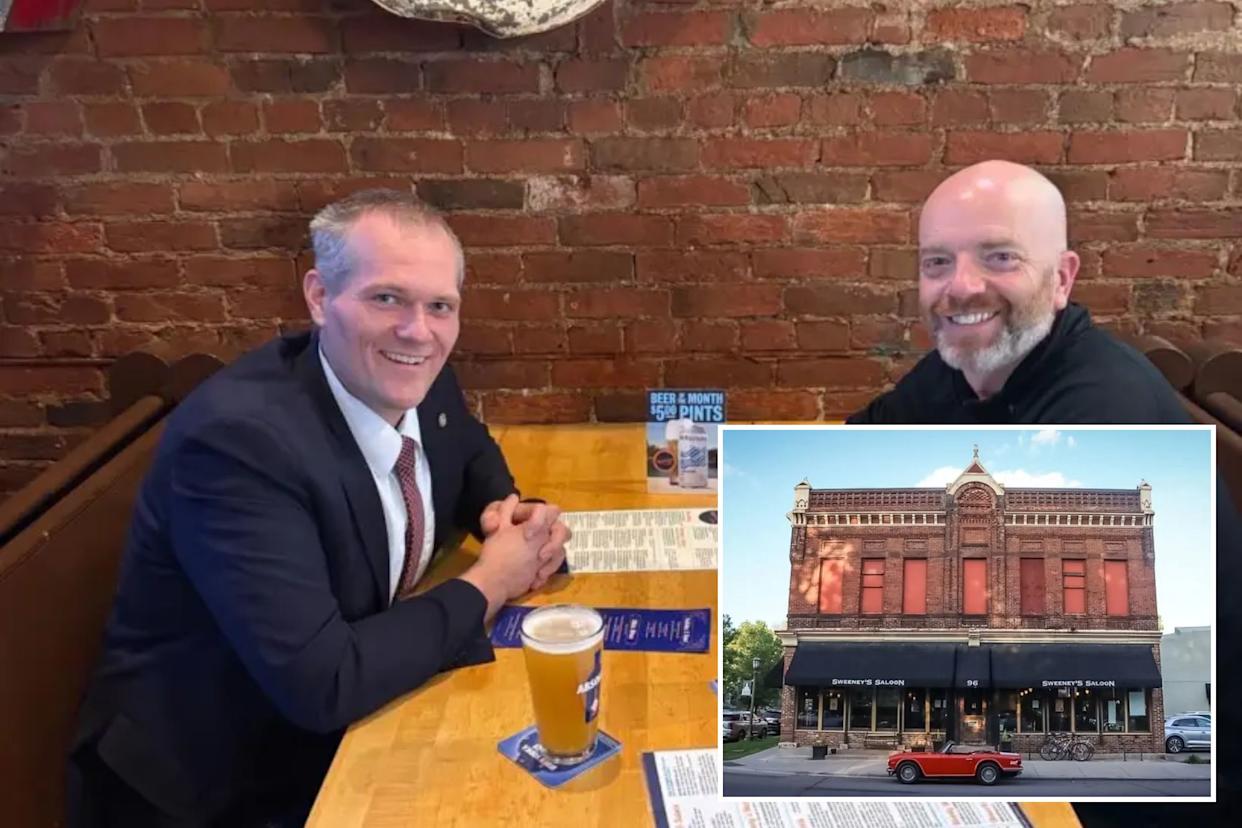 An image collage containing 2 images, Image 1 shows Representatives Bjorn Olson and Brad Tabke dining together at a restaurant, Image 2 shows Sweeney's Saloon in Saint Paul, Minnesota