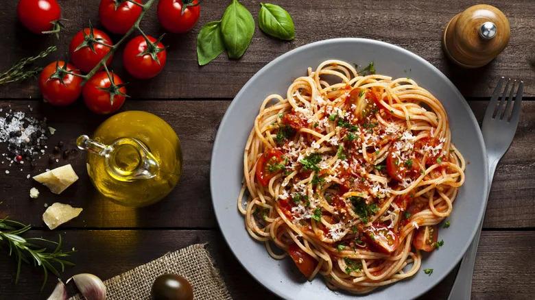 Plate of pasta with Italian garnishes