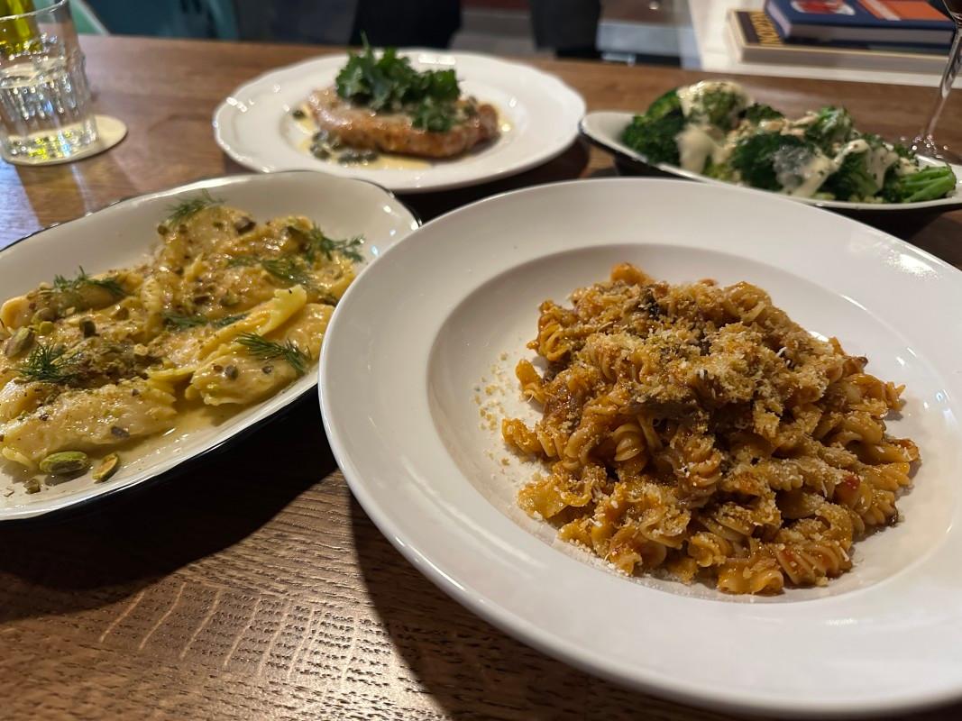 Clockwise from right, Risata's beef cheek ragù, carrot agnolotti, swordfish piccata, and a side of broccoli.Brianna Kelly &verbar; Bring Me The News