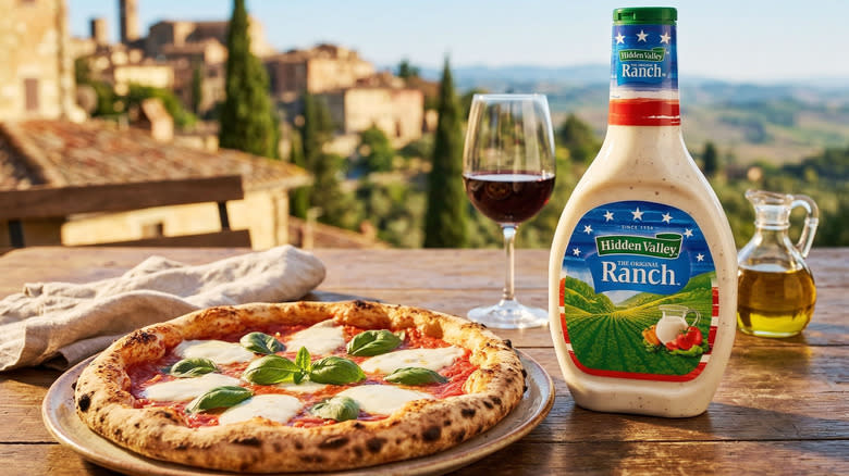 Hidden Valley Ranch dressing sits on a table in the Italian countryside beside a margherita pizza and glass of red wine