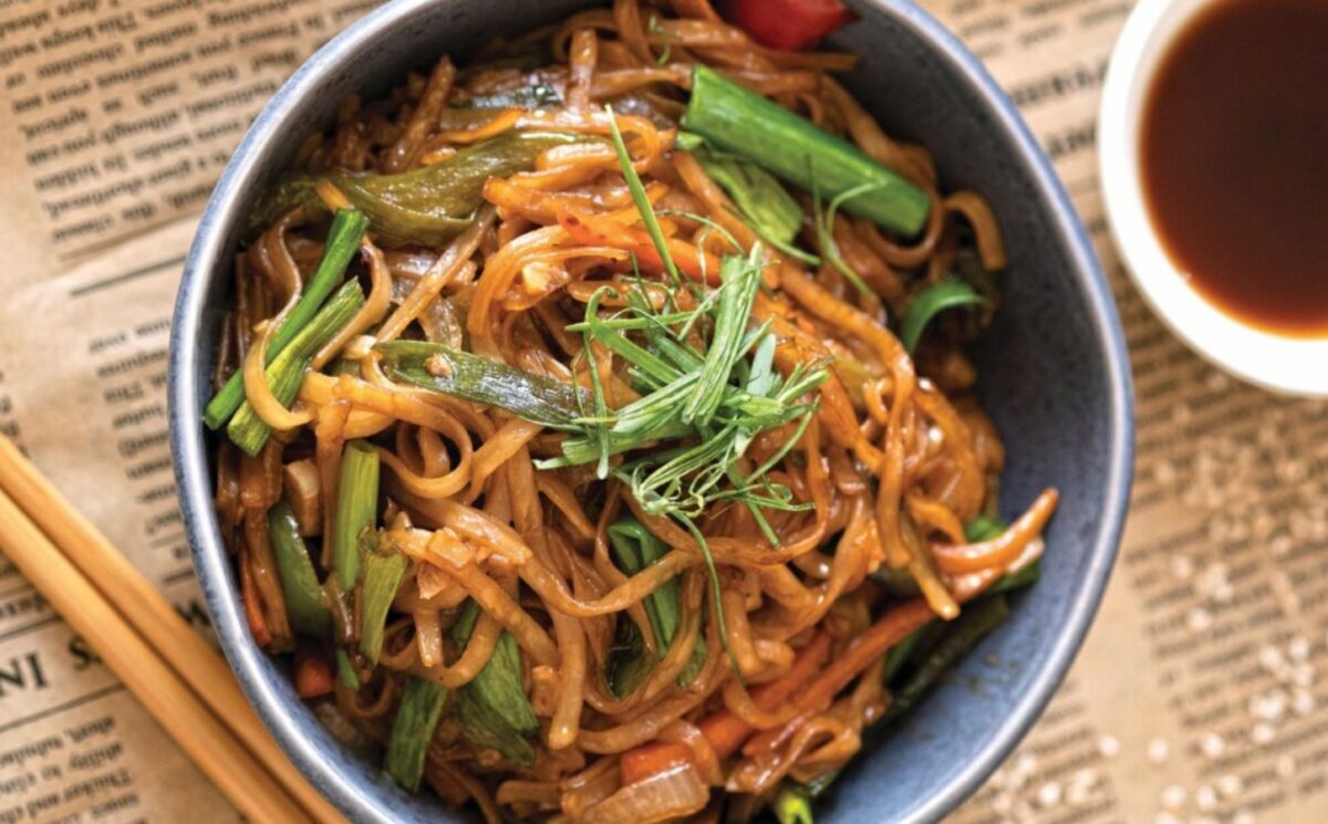 A bowl of easy vegan drunken noodles for vegan recipes for one