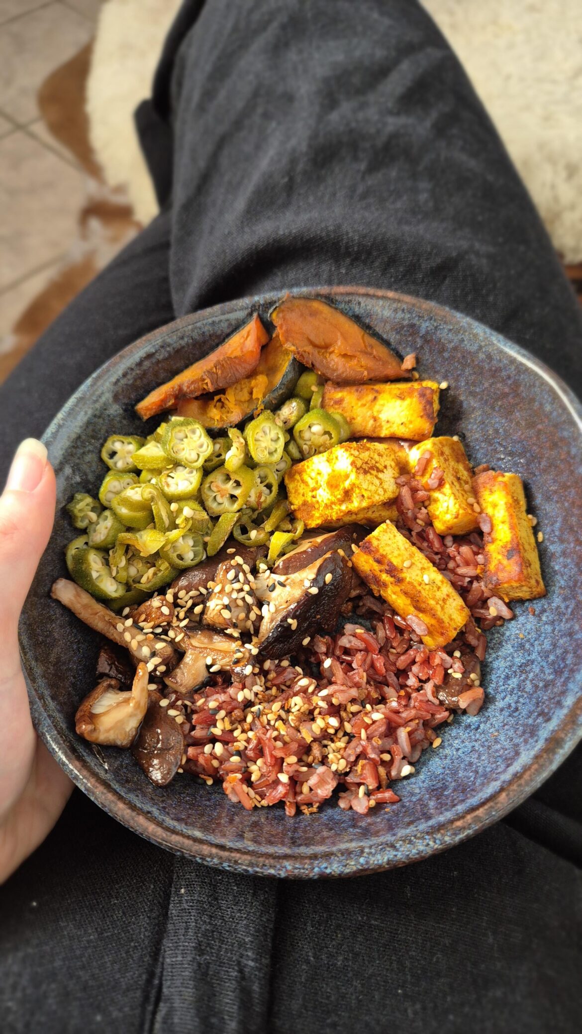 Love a colorful plate! Fried tofu, okra, red rice, caramelized shitake, airfryed pumpkin