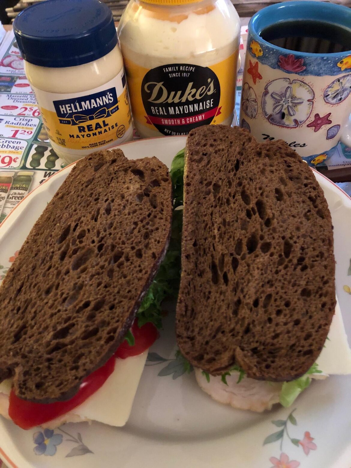 Turkey with cheddar on pumpernickel, the mayo comparison