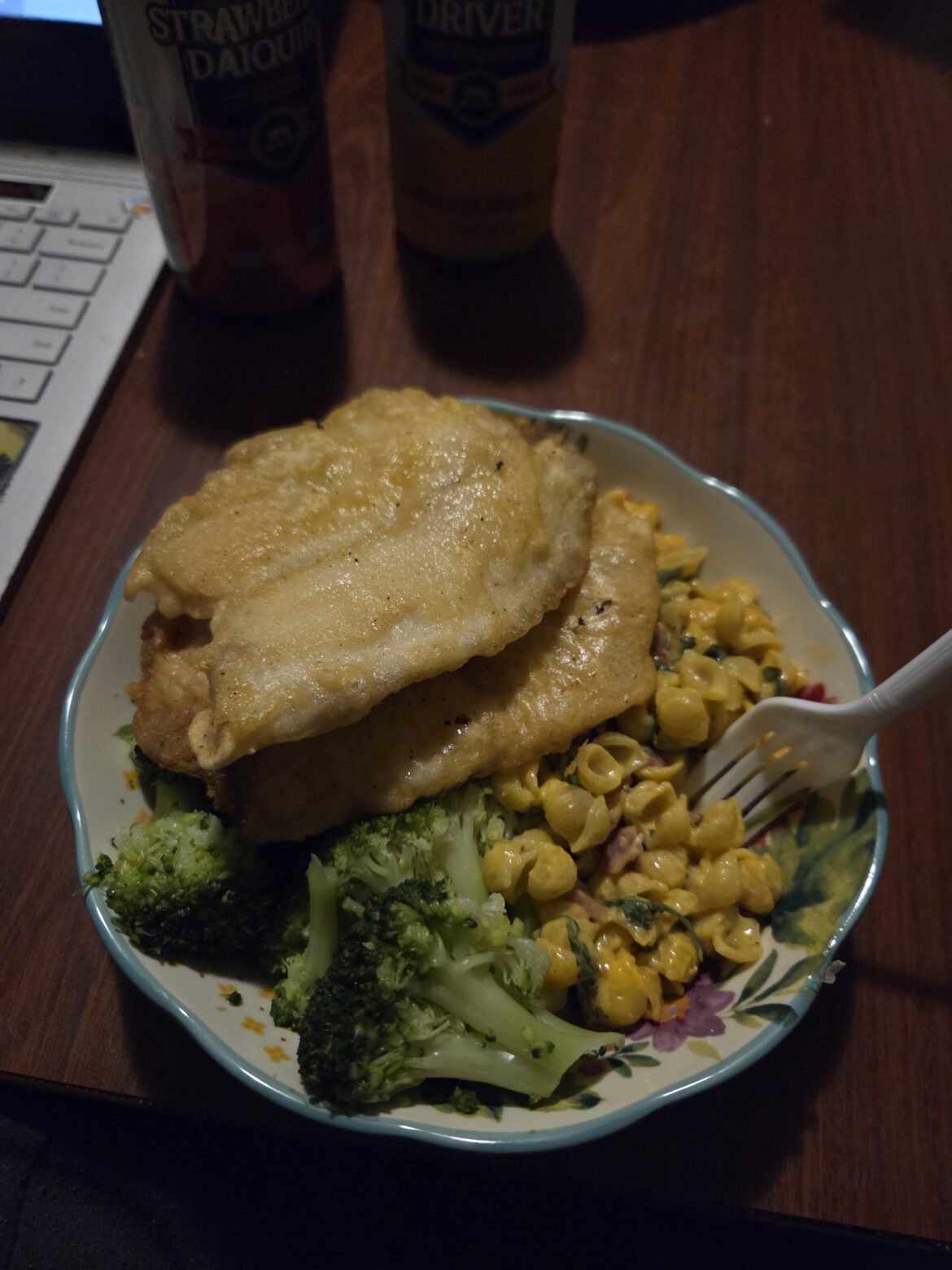 Fried tilapia, broccoli and macaroni