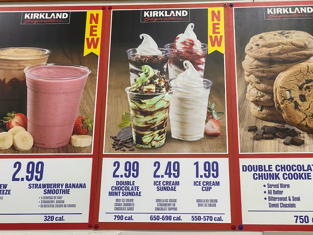 Three posters display desserts and prices: a strawberry banana smoothie, double chocolate mint sundae, ice cream sundae, and ice cream cup. Next to them is an image of double chocolate chunk cookies.