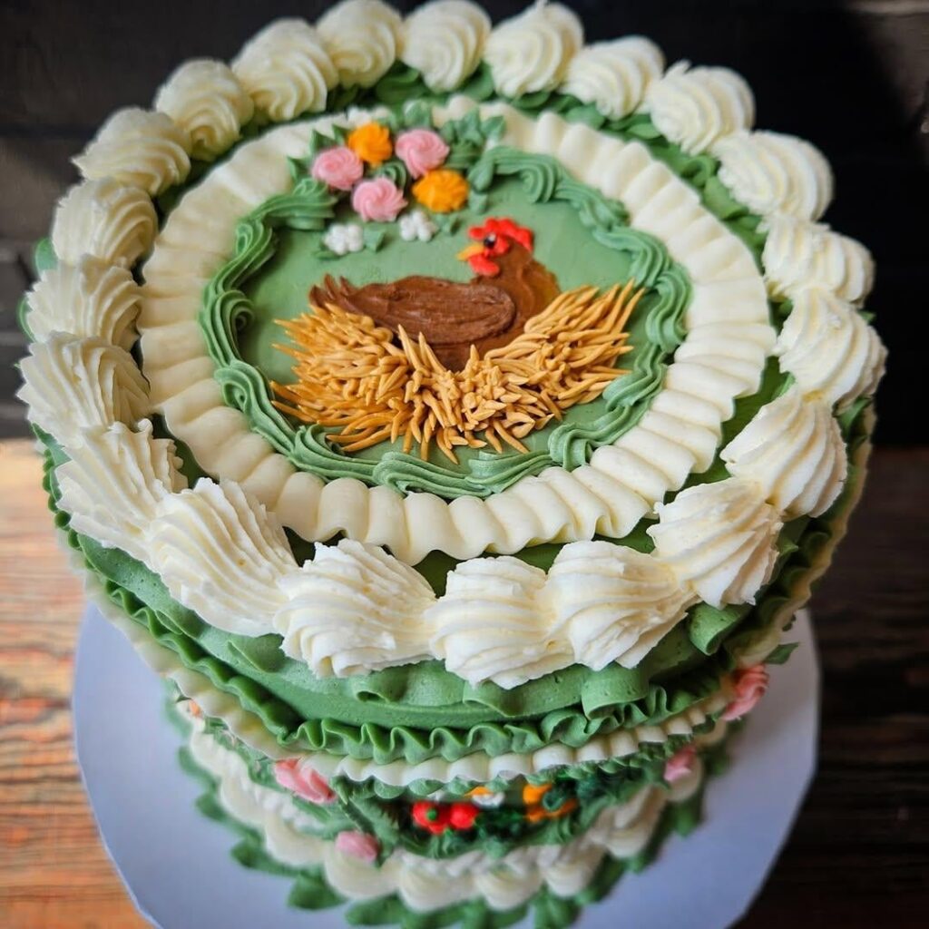 A cake for a woman who has chickens and a vegetable garden