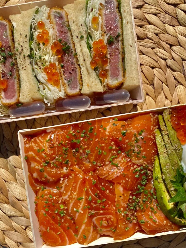 Salmon sashimi and panko-crusted tuna sando