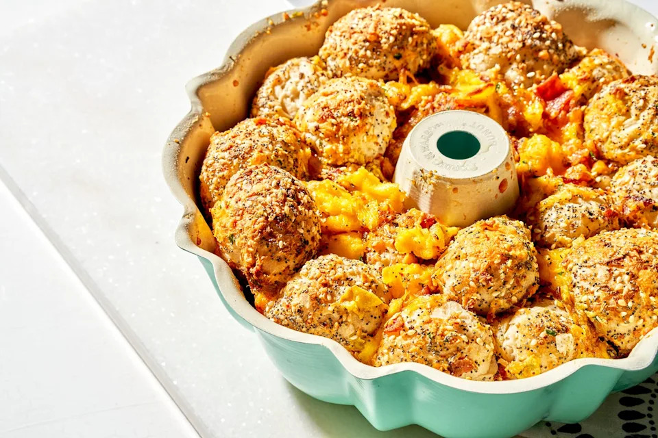 breakfast monkey bread with eggs and bacon baked in a bundt pan