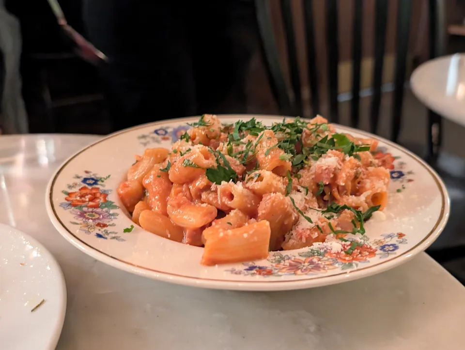A bowl of rigatoni in red sauce with pecorino and parsley.