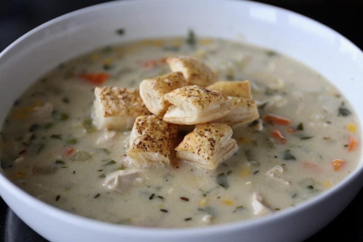Chicken Pot Pie Soup with Puff Pastry Croutons
