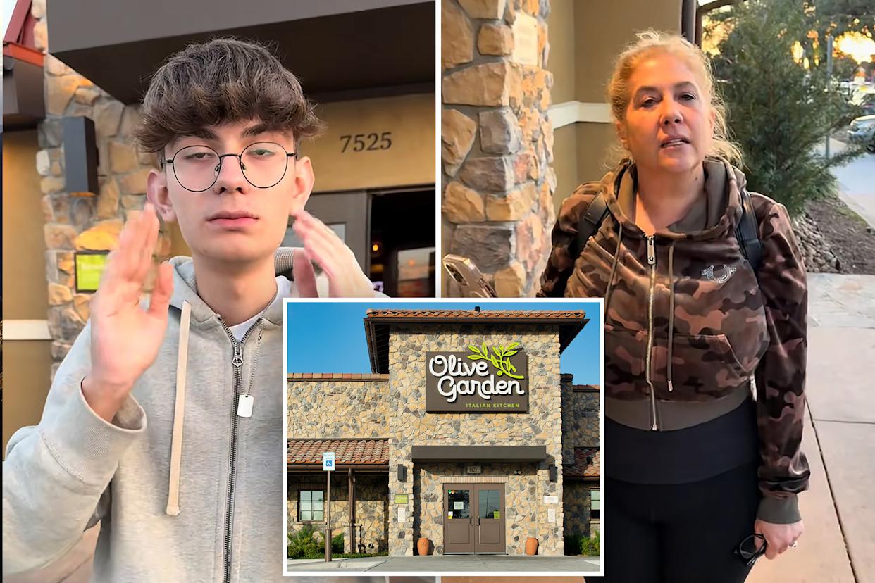 Collage of a young man, a woman, and the exterior of an Olive Garden restaurant.