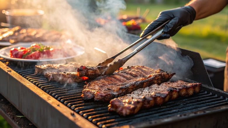 A man barbecuing meats on the grill