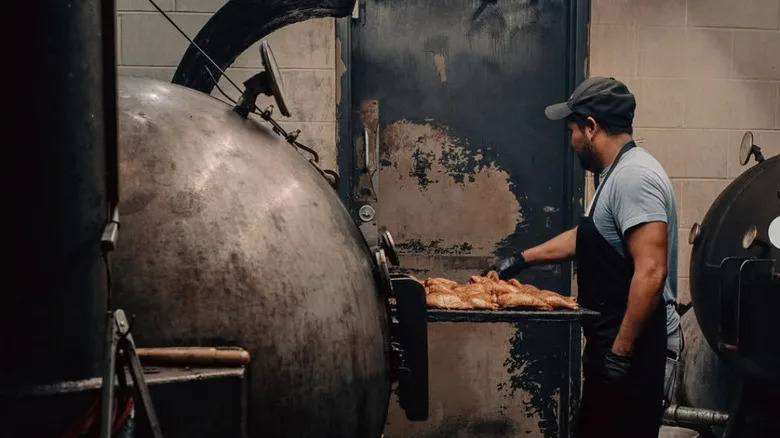 Cook working the smoker at The Pit Room in Houston