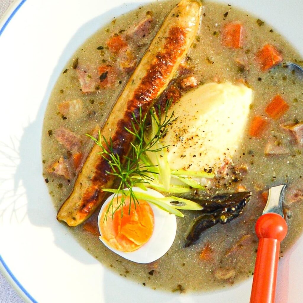 Easter dish idea: Żurek - Polish Sour Rye Soup with White Sausage, Hard-Boiled Egg, Potato Purée & Marjoram