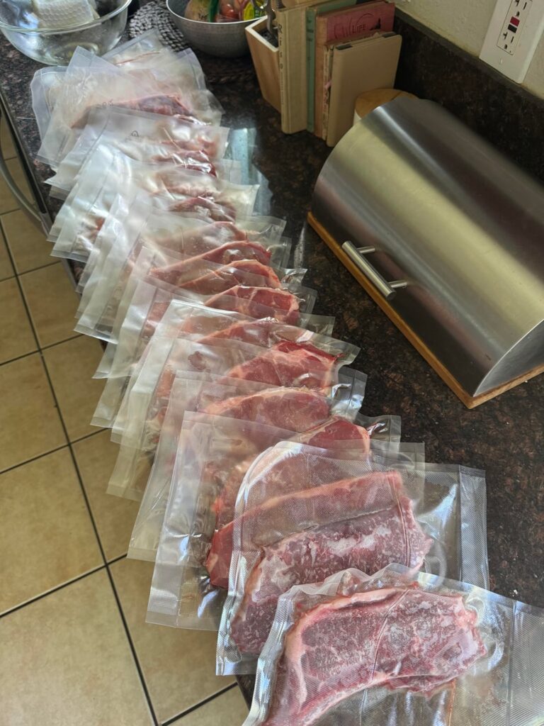 Ready for summer! 15lbs of whole loin top portioned into ~21 individually vacuum sealed New York steaks.