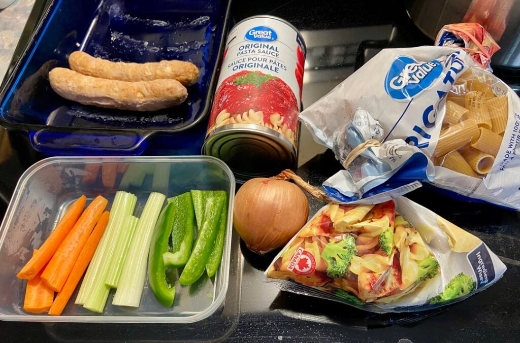 Leftover sausages and veggie tray turned to pasta dinner. Leftover sausages and veggie tray turned to pasta dinner.