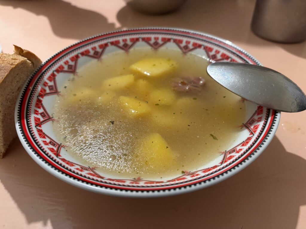 Today's lunch in my military unit somewhere in Ukraine: potato soup with meat, mashed potatoes with meat and Olivier type salad