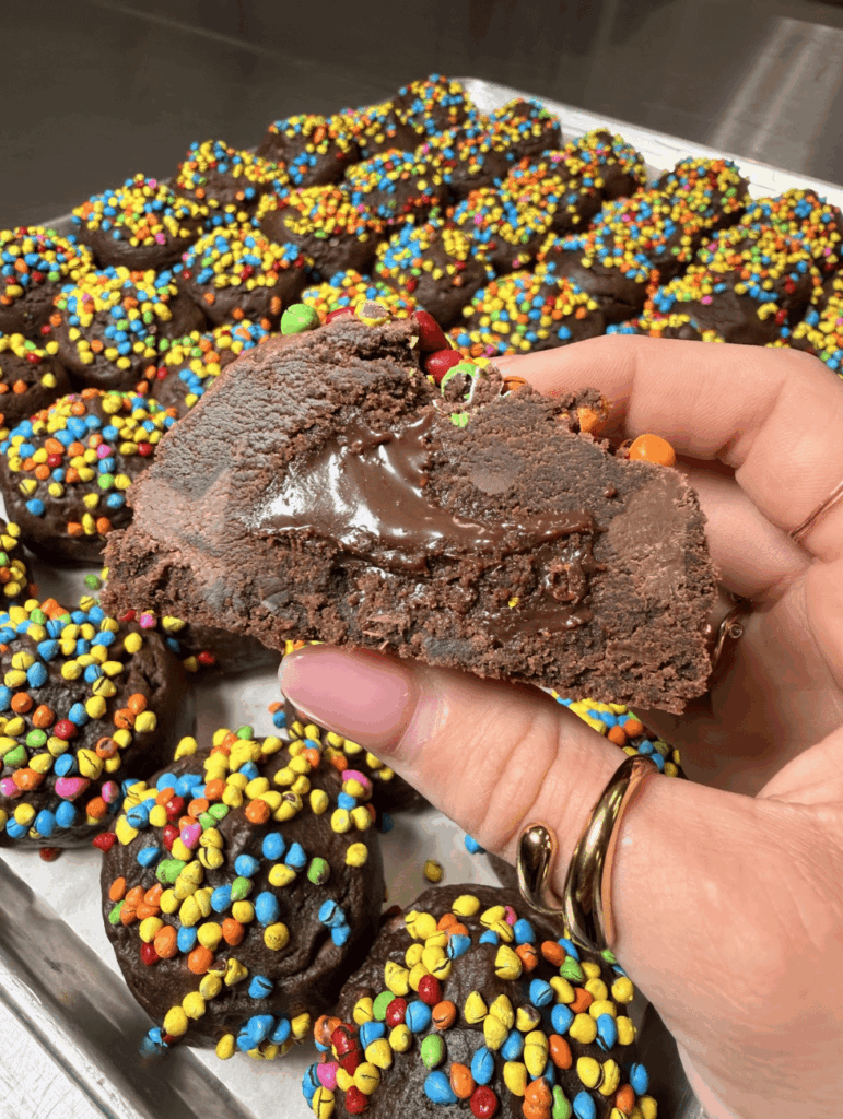 Baked a batch of these chocolatey brownie cookie bases with a rich chocolate frosting core and crunchy galactic meteors.