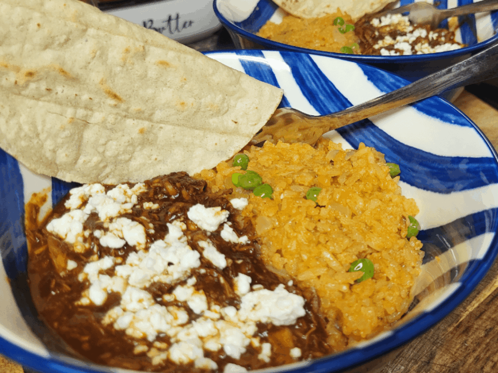We ran out of tortillas for enmoladas. So, I improvised. Mole Bowl anyone?