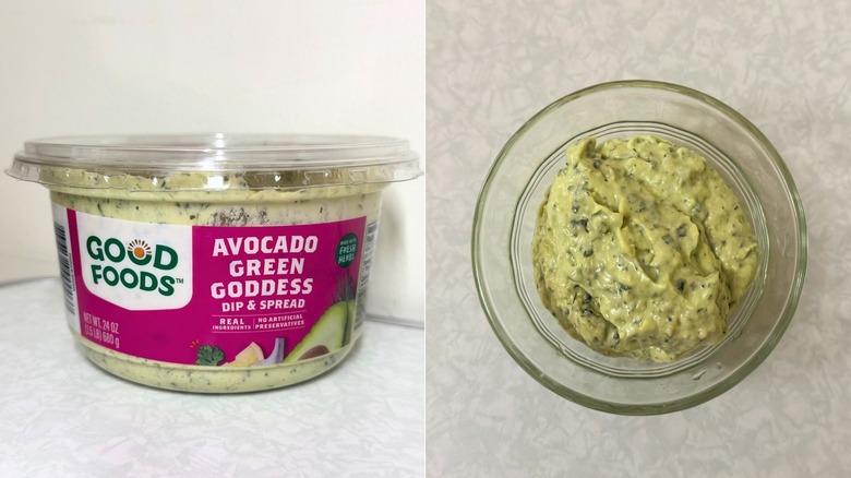 Package of Good Foods Avocado Green Goddess Dip & Spread beside small, filled bowl