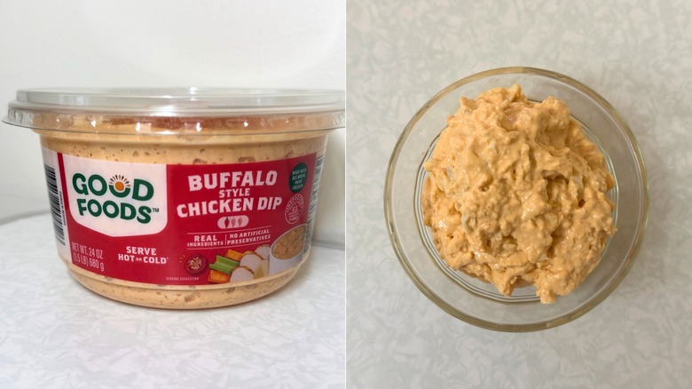 Package of Good Foods Buffalo Style Chicken Dip beside small, filled bowl