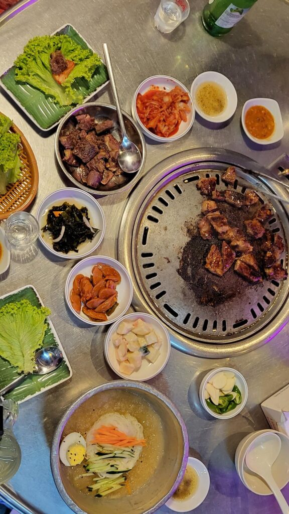 For today's breakfast, I ate K-BBQ Seasoned Pork Shoulder, Marbled Ribeye, Cold Janchi Noodles, and Soju.