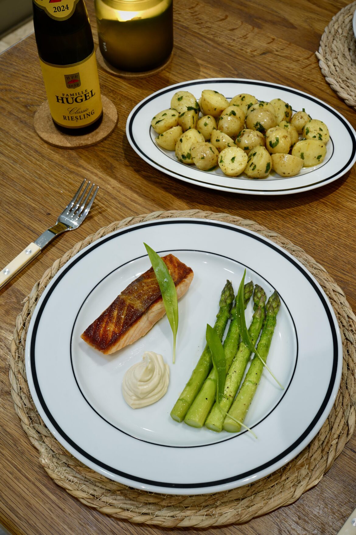 Spring is here! Pan-roasted salmon, Wye Valley Asparagus, Jersey Royals in Wild Garlic Butter, homemade Mayonnaise