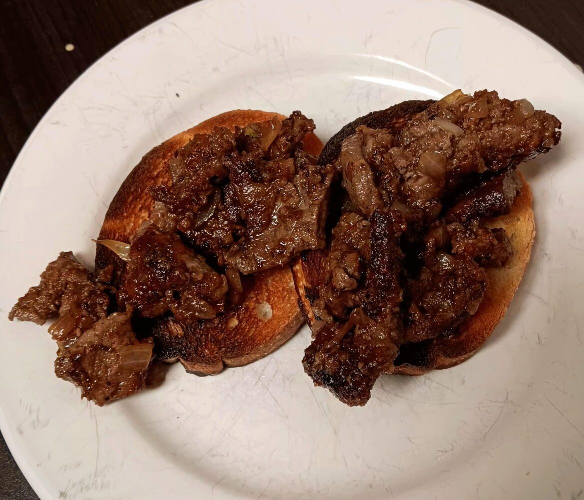 Seared, chopped calf liver. Sautéed in butter and onions