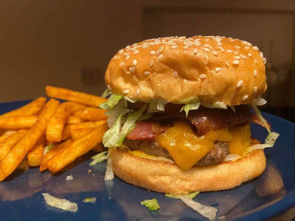 Homemade bacon cheese burger with the works