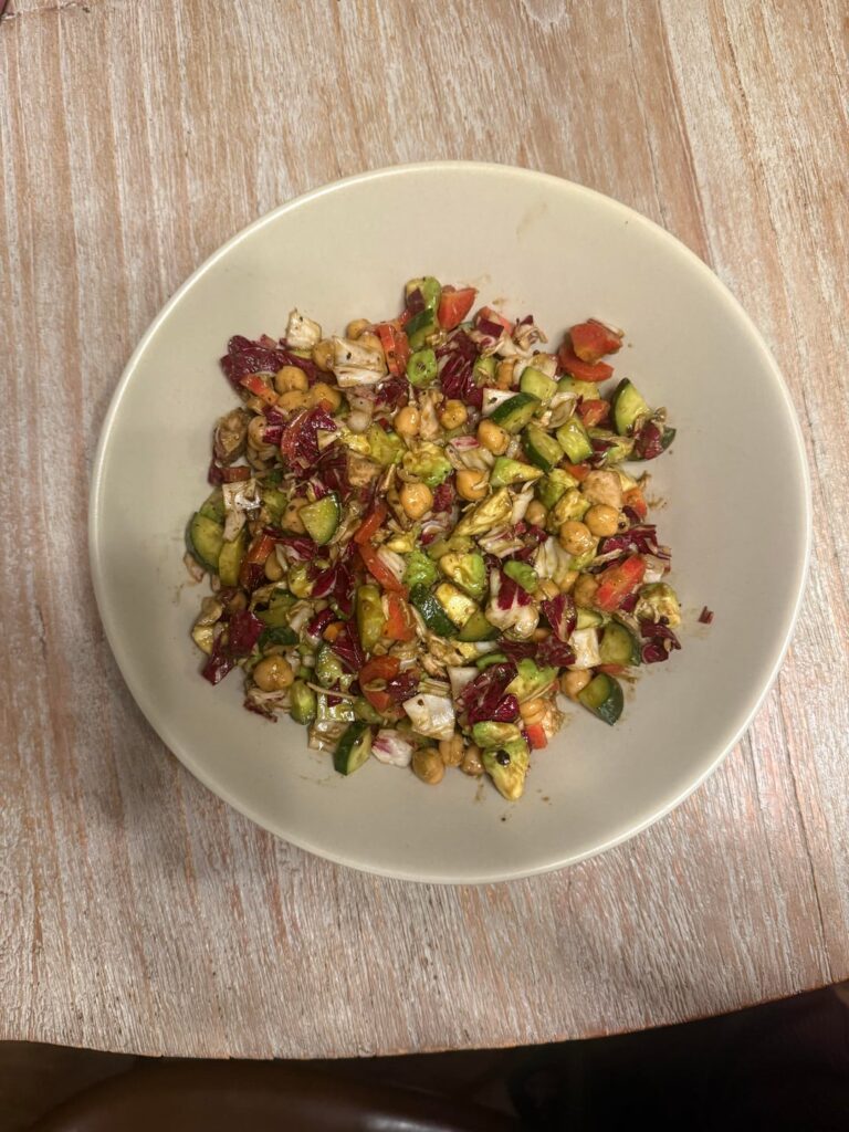 Some meals this week: chopped salad, lentil soup, chicken meatballs with gochujang noodles