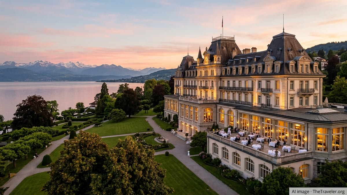 Hôtel Royal in Évian-les-Bains at golden hour, overlooking Lake Geneva with the Alps in the background.