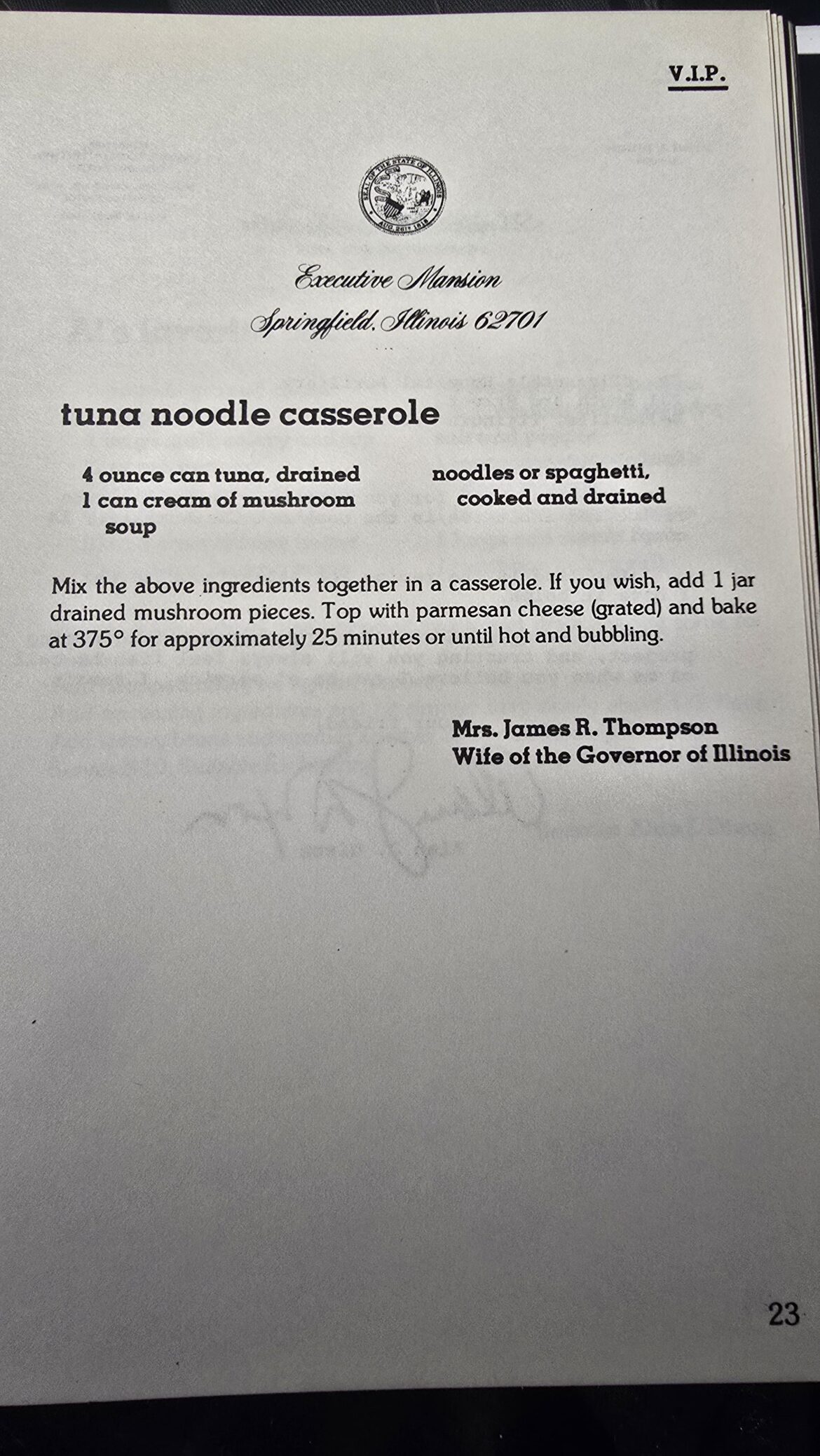 Tuna Noodle Casserole (1983); St. Elizabeth's Hospital Auxillary Cookbook.