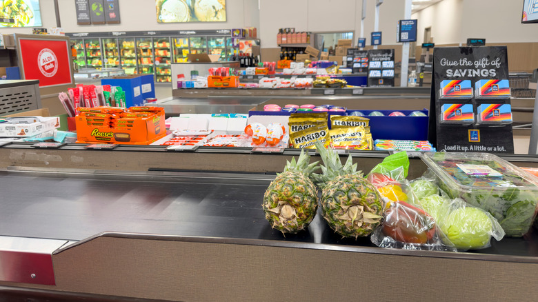 Fresh produce in the check-out area of an Aldi store