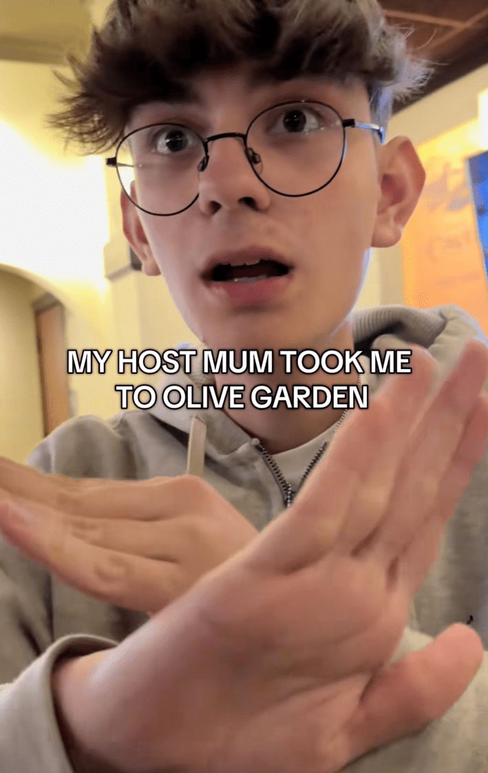 @alessandro.salimei/TikTok, @italiangirl1130/TikTok  exhcange student alessandro not excited to go to olive garden with OST "Host mum took me to olive garden"