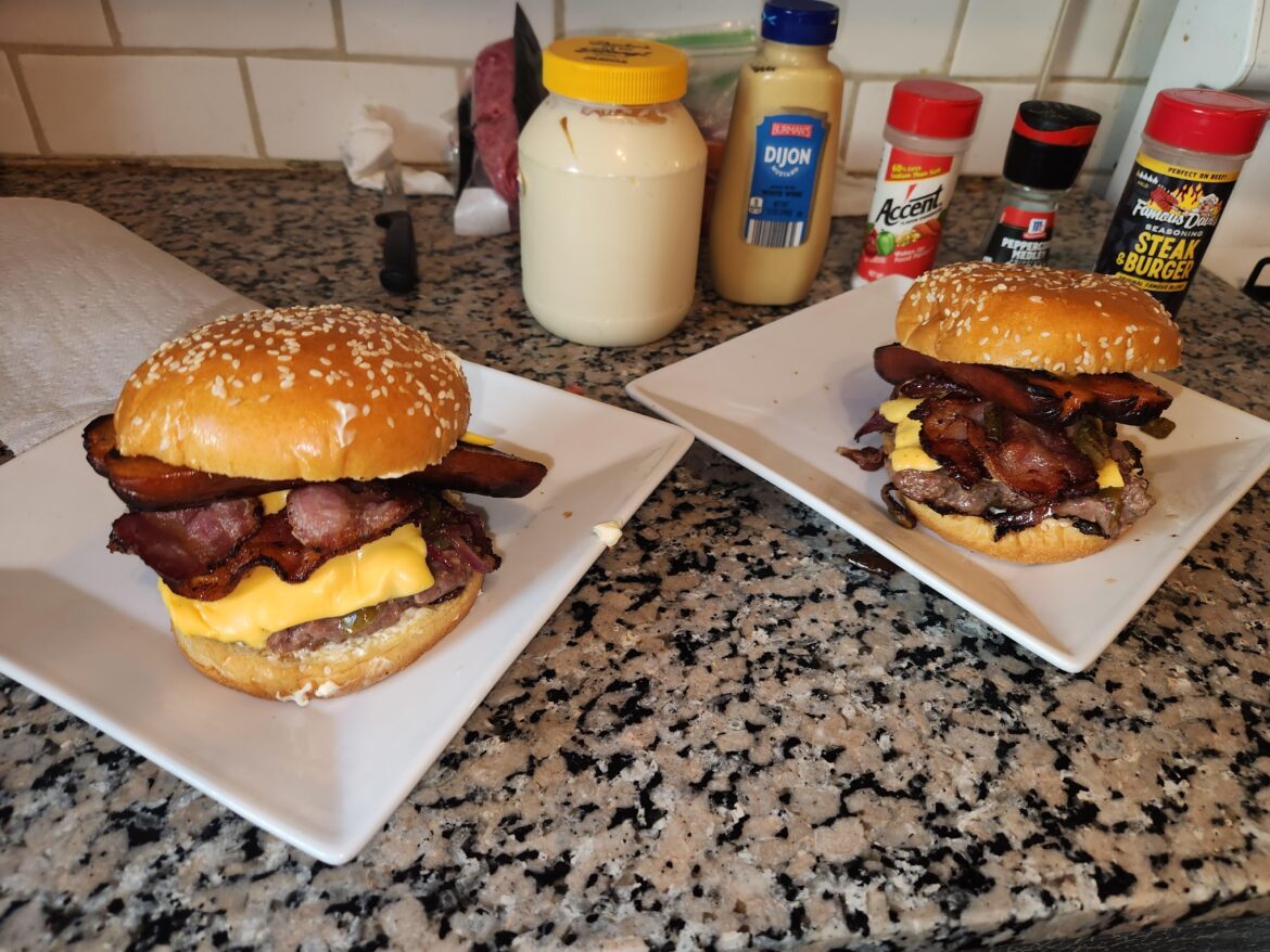 Onion jalapeño bacon hotlink cheeseburger