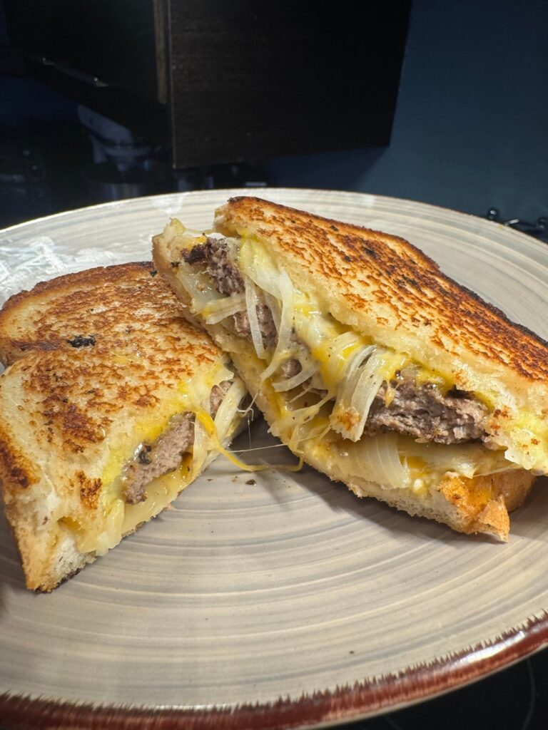 Patty Melt. Double onion (raw and baked)
