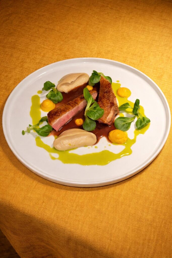 Duck Breast, Cauliflower Purée, Carrot Purée, Red Wine Jus